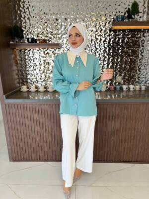 Taş Aksesurlı Yaka Detaylı Kol Lastik Oversıze Gömlek GMK08030 - 24