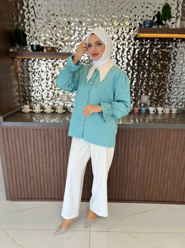 Taş Aksesurlı Yaka Detaylı Kol Lastik Oversıze Gömlek GMK08030 - 25