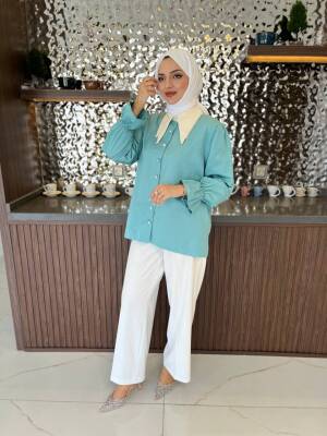 Taş Aksesurlı Yaka Detaylı Kol Lastik Oversıze Gömlek GMK08030 - 26