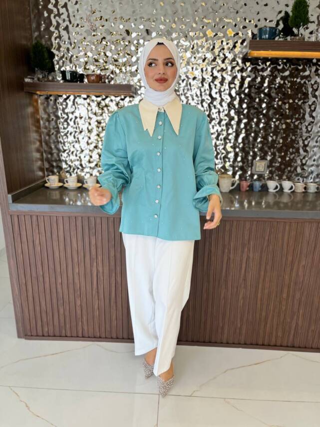 Taş Aksesurlı Yaka Detaylı Kol Lastik Oversıze Gömlek GMK08030 - 27