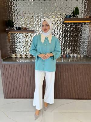 Taş Aksesurlı Yaka Detaylı Kol Lastik Oversıze Gömlek GMK08030 - 28