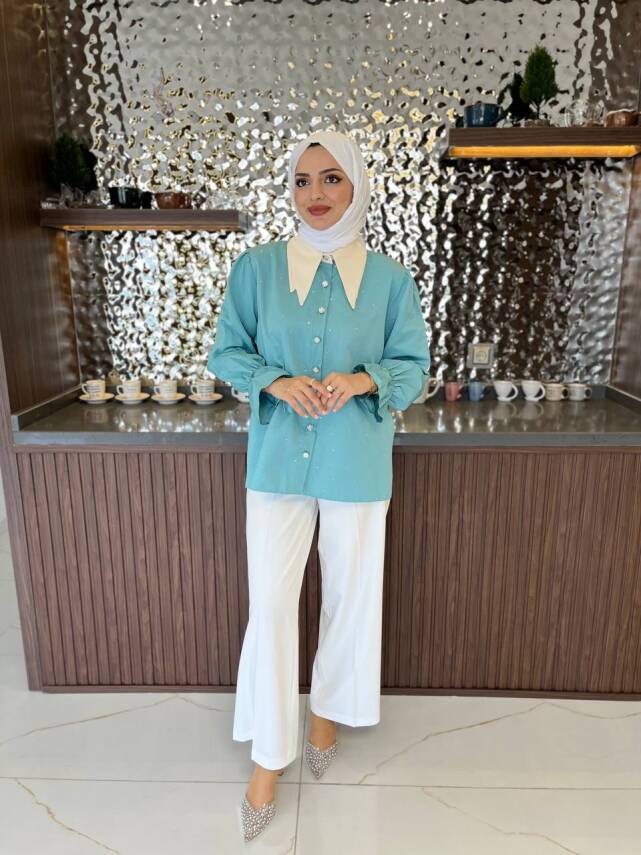 Taş Aksesurlı Yaka Detaylı Kol Lastik Oversıze Gömlek GMK08030 - 28