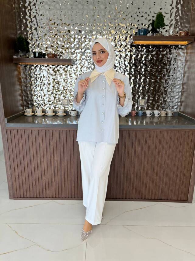 Taş Aksesurlı Yaka Detaylı Kol Lastik Oversıze Gömlek GMK08030 - 29