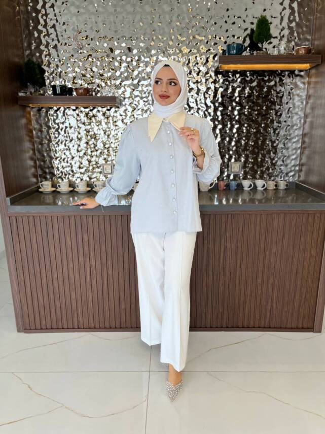 Taş Aksesurlı Yaka Detaylı Kol Lastik Oversıze Gömlek GMK08030 - 31