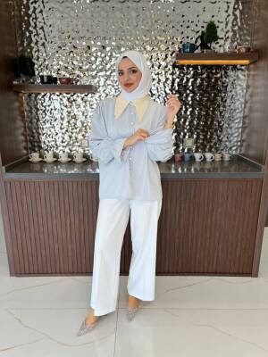 Taş Aksesurlı Yaka Detaylı Kol Lastik Oversıze Gömlek GMK08030 - 33