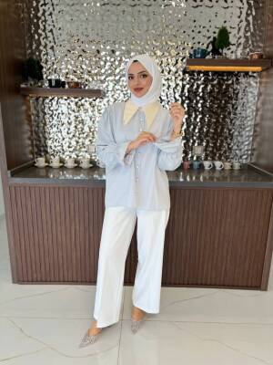 Taş Aksesurlı Yaka Detaylı Kol Lastik Oversıze Gömlek GMK08030 - 34