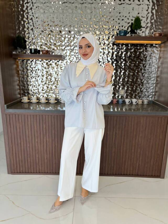 Taş Aksesurlı Yaka Detaylı Kol Lastik Oversıze Gömlek GMK08030 - 34