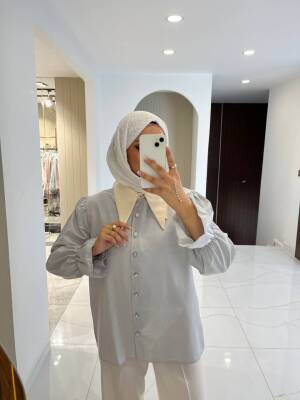 Taş Aksesurlı Yaka Detaylı Kol Lastik Oversıze Gömlek GMK08030 - 36