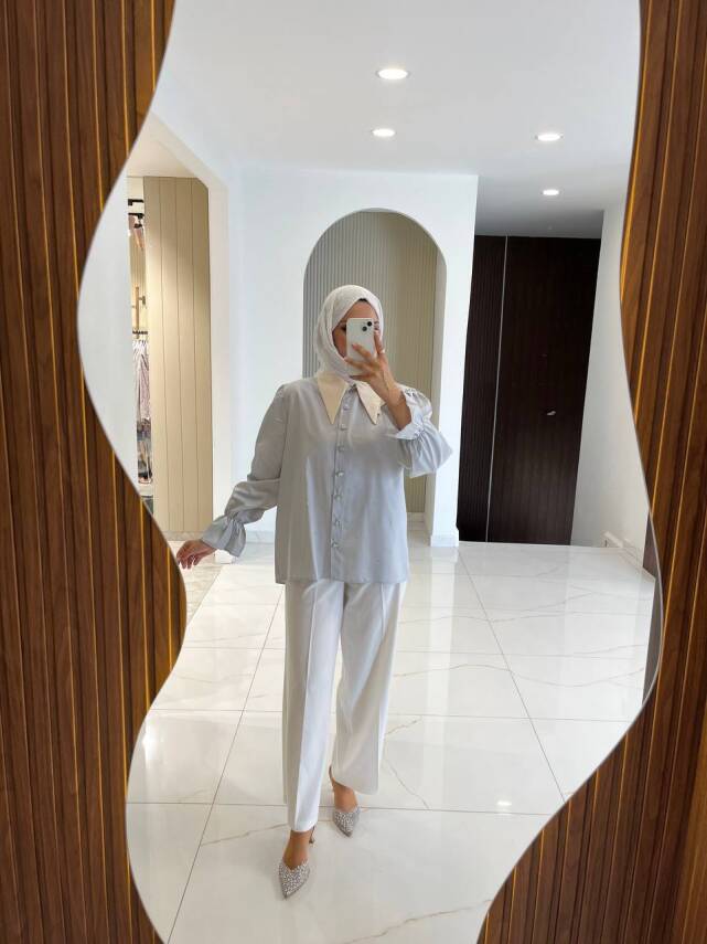 Taş Aksesurlı Yaka Detaylı Kol Lastik Oversıze Gömlek GMK08030 - 37