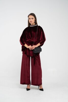 Taş Detaylı Kuşaklı Kadife Takım K8049 - 2