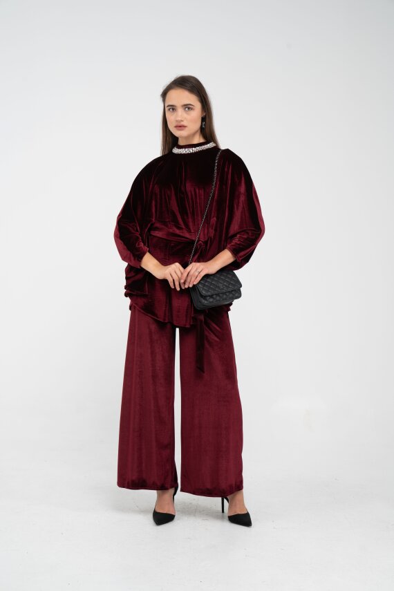 Taş Detaylı Kuşaklı Kadife Takım K8049 - 2