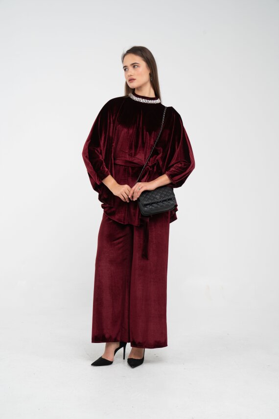 Taş Detaylı Kuşaklı Kadife Takım K8049 - 1