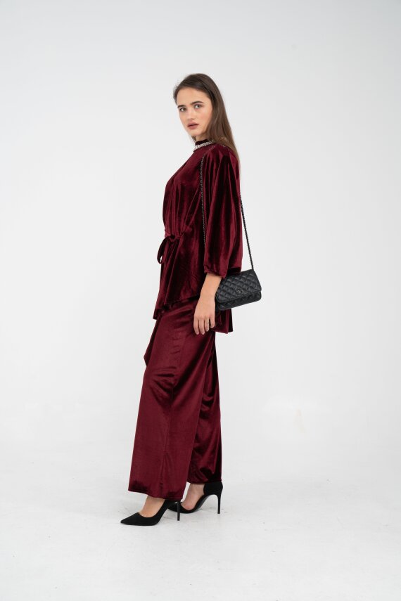 Taş Detaylı Kuşaklı Kadife Takım K8049 - 3