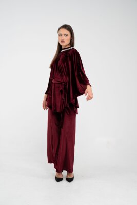 Taş Detaylı Kuşaklı Kadife Takım K8049 - 5