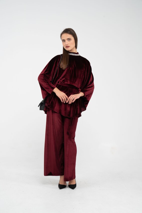 Taş Detaylı Kuşaklı Kadife Takım K8049 - 6