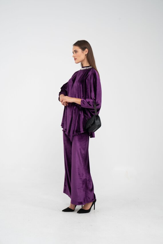 Taş Detaylı Kuşaklı Kadife Takım K8049 - 9