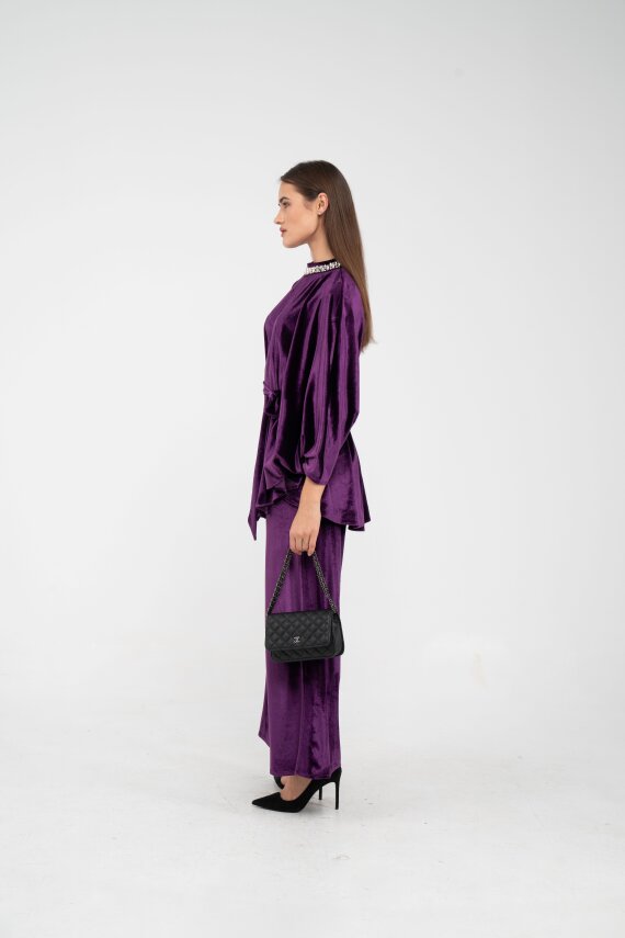 Taş Detaylı Kuşaklı Kadife Takım K8049 - 10