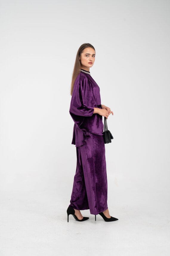 Taş Detaylı Kuşaklı Kadife Takım K8049 - 11