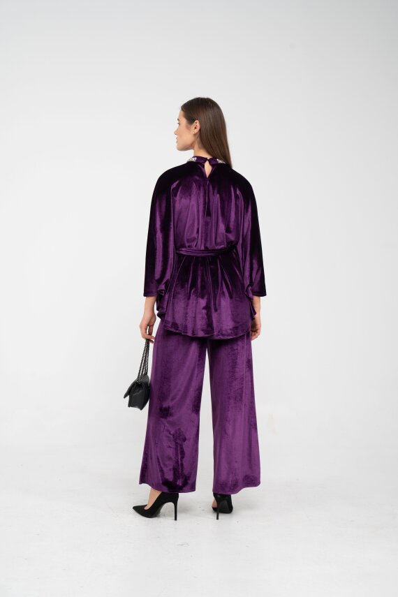 Taş Detaylı Kuşaklı Kadife Takım K8049 - 14