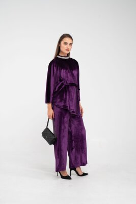 Taş Detaylı Kuşaklı Kadife Takım K8049 - 12