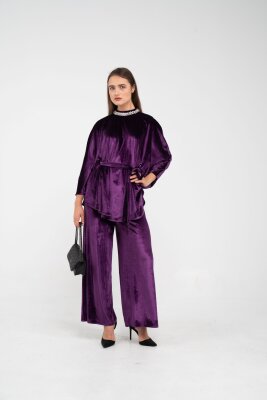 Taş Detaylı Kuşaklı Kadife Takım K8049 - 13