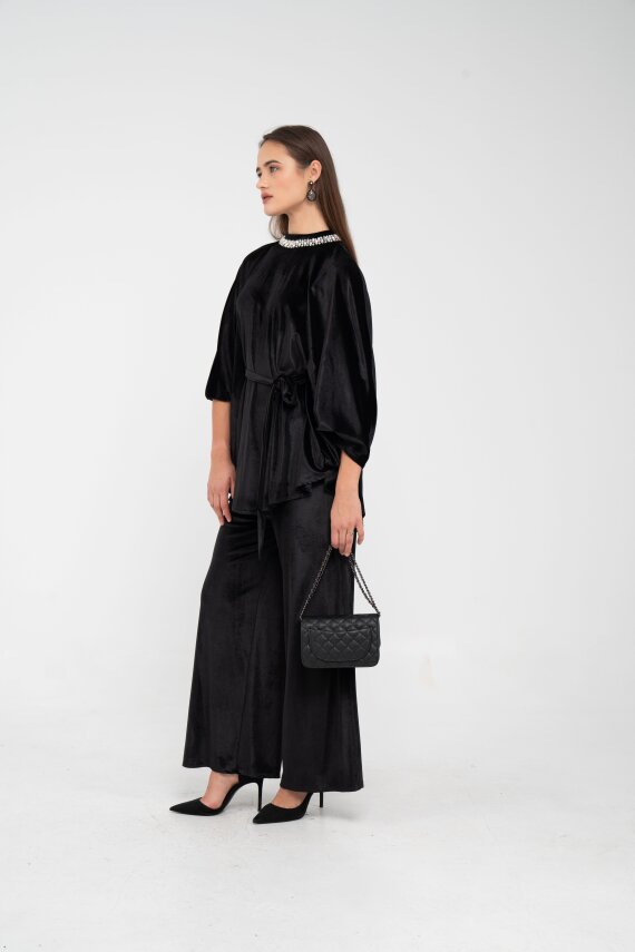 Taş Detaylı Kuşaklı Kadife Takım K8049 - 18