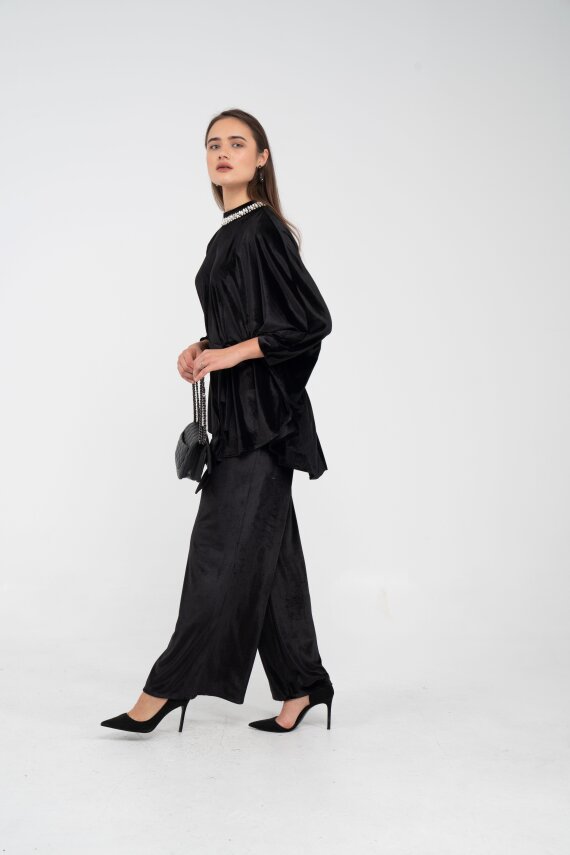 Taş Detaylı Kuşaklı Kadife Takım K8049 - 19