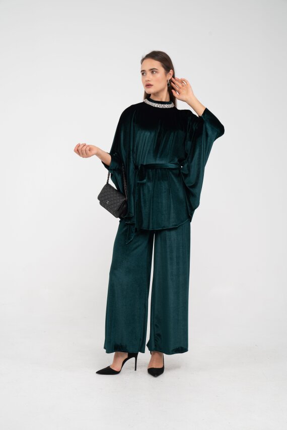 Taş Detaylı Kuşaklı Kadife Takım K8049 - 22