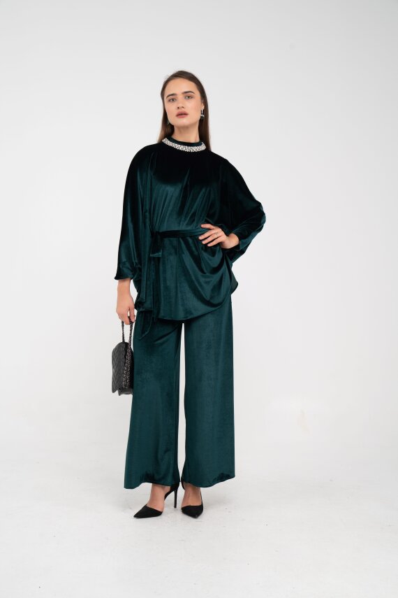 Taş Detaylı Kuşaklı Kadife Takım K8049 - 24