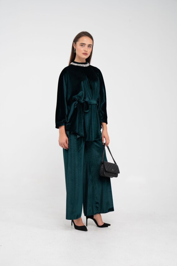 Taş Detaylı Kuşaklı Kadife Takım K8049 - 26