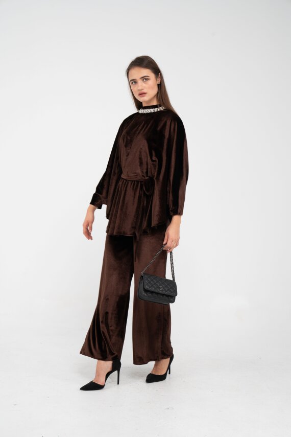 Taş Detaylı Kuşaklı Kadife Takım K8049 - 34