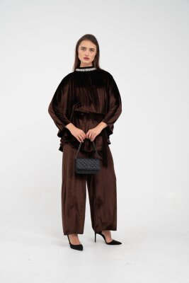 Taş Detaylı Kuşaklı Kadife Takım K8049 - 35