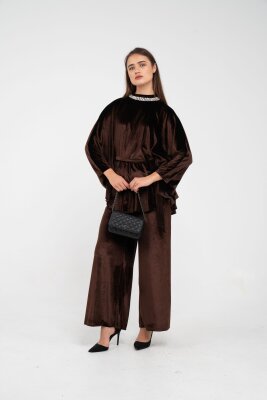 Taş Detaylı Kuşaklı Kadife Takım K8049 - 33