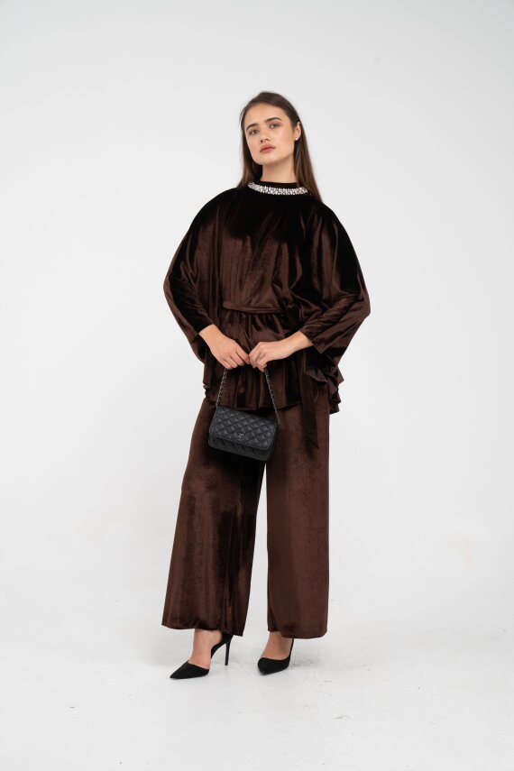 Taş Detaylı Kuşaklı Kadife Takım K8049 - 33