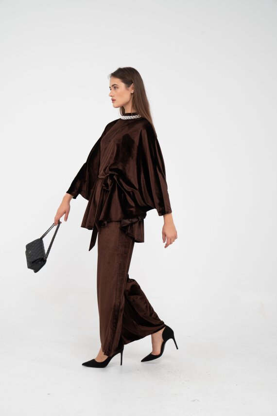 Taş Detaylı Kuşaklı Kadife Takım K8049 - 37