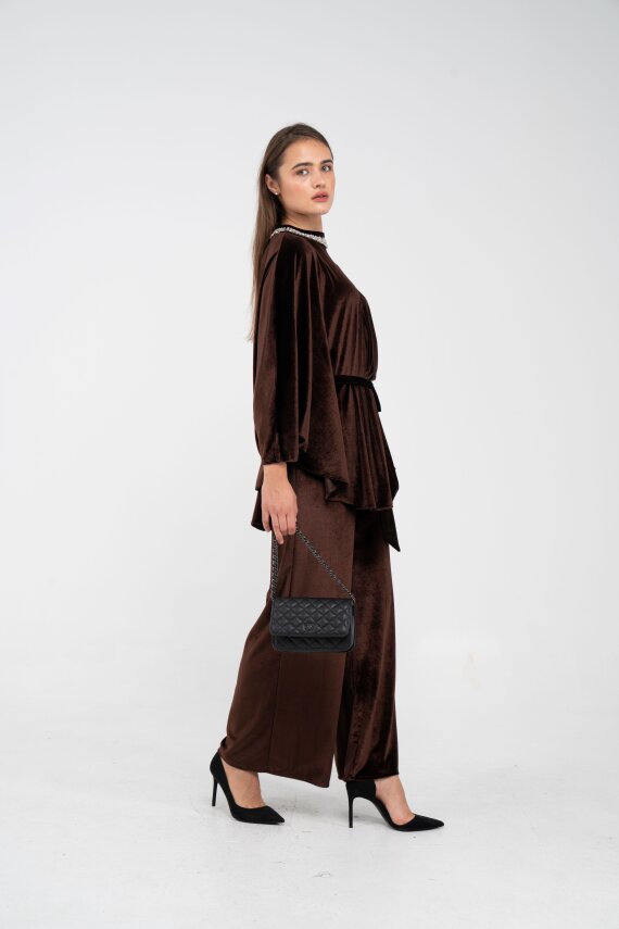 Taş Detaylı Kuşaklı Kadife Takım K8049 - 38