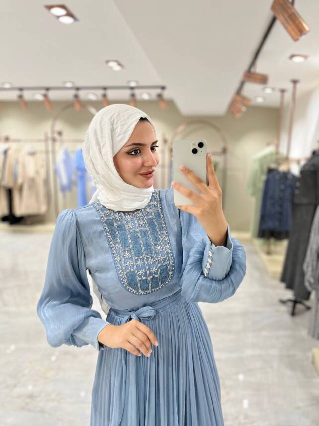 Taş işlemli Bel Kuşaklı Uzun Abiye Elbise ELB16080 - 2