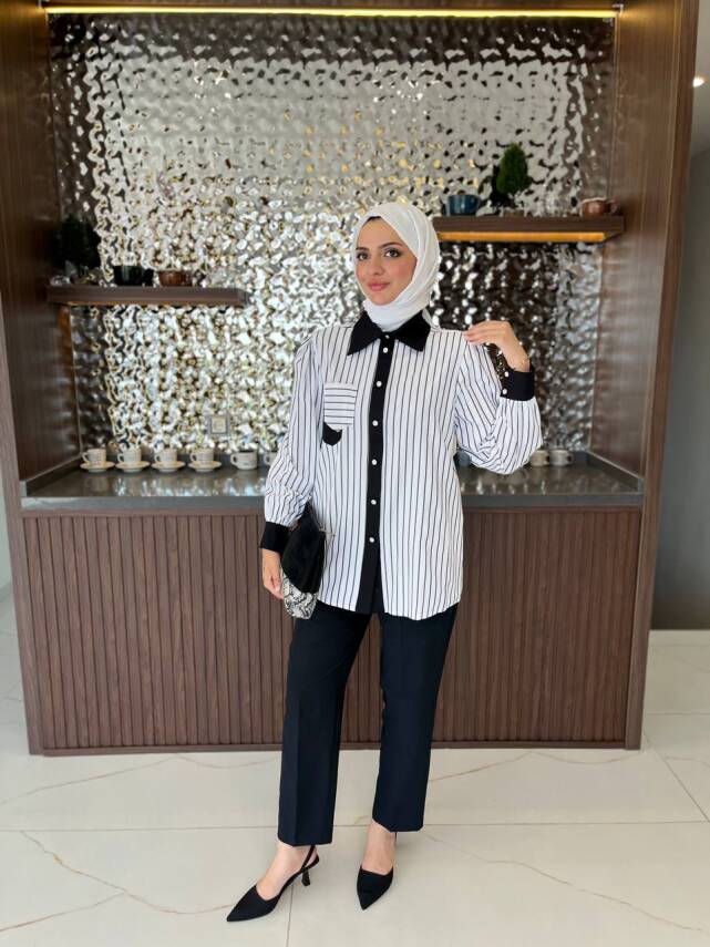 Taş İşlemli Parca Detaylı Düğme Aksesurlı Basıc Gömlek GMK08031 - 7