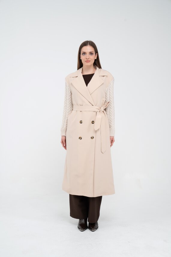 Triko Kollu Kemerli Trençkot K8070 - 1