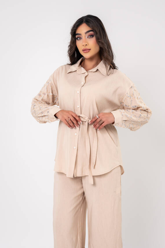 Yıpratma Detaylı Oversize Gömlek Pantolon Takım TKM16052 - 1