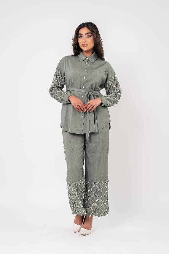 Yıpratma Detaylı Oversize Gömlek Pantolon Takım TKM16052 - 2