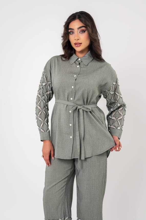 Yıpratma Detaylı Oversize Gömlek Pantolon Takım TKM16052 - 7