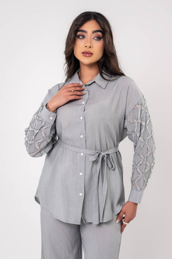 Yıpratma Detaylı Oversize Gömlek Pantolon Takım TKM16052 - 1