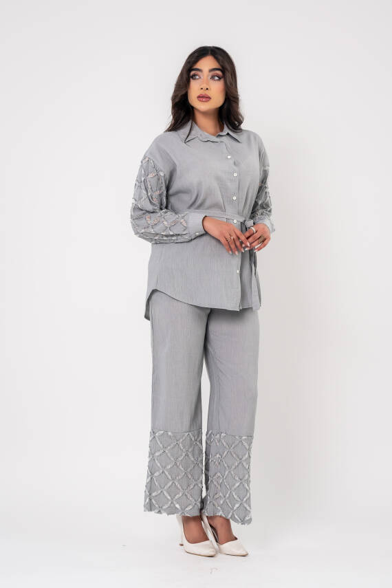 Yıpratma Detaylı Oversize Gömlek Pantolon Takım TKM16052 - 3