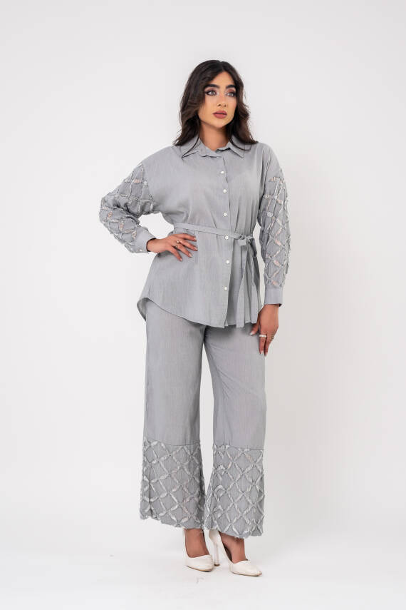 Yıpratma Detaylı Oversize Gömlek Pantolon Takım TKM16052 - 4