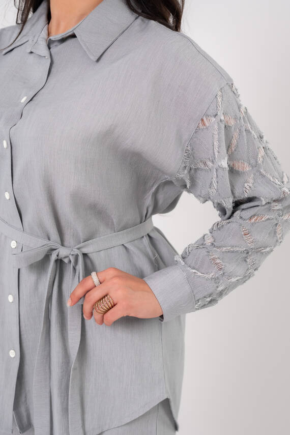 Yıpratma Detaylı Oversize Gömlek Pantolon Takım TKM16052 - 5