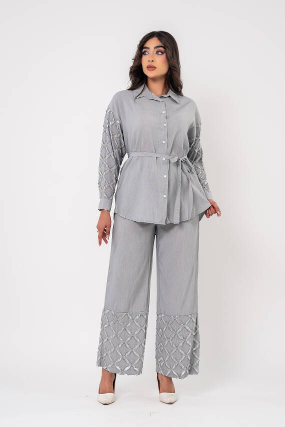 Yıpratma Detaylı Oversize Gömlek Pantolon Takım TKM16052 - 7
