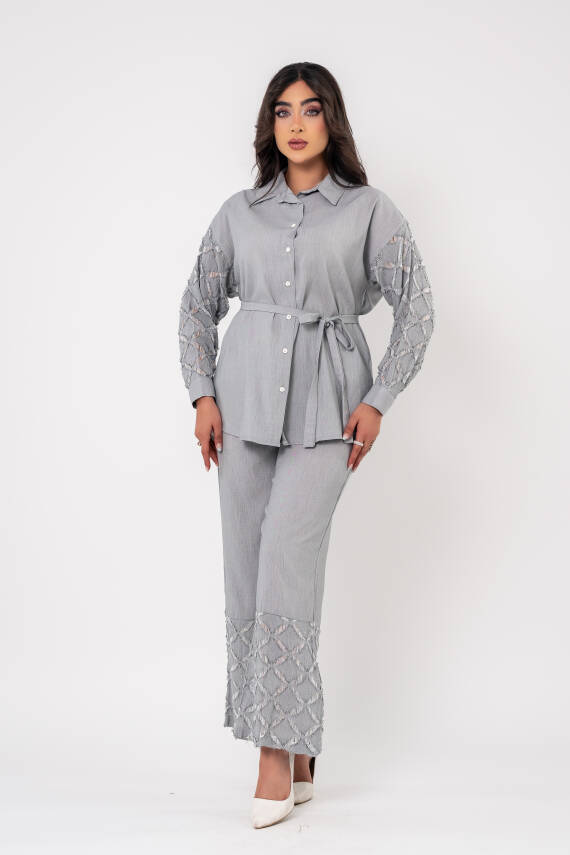 Yıpratma Detaylı Oversize Gömlek Pantolon Takım TKM16052 - 8