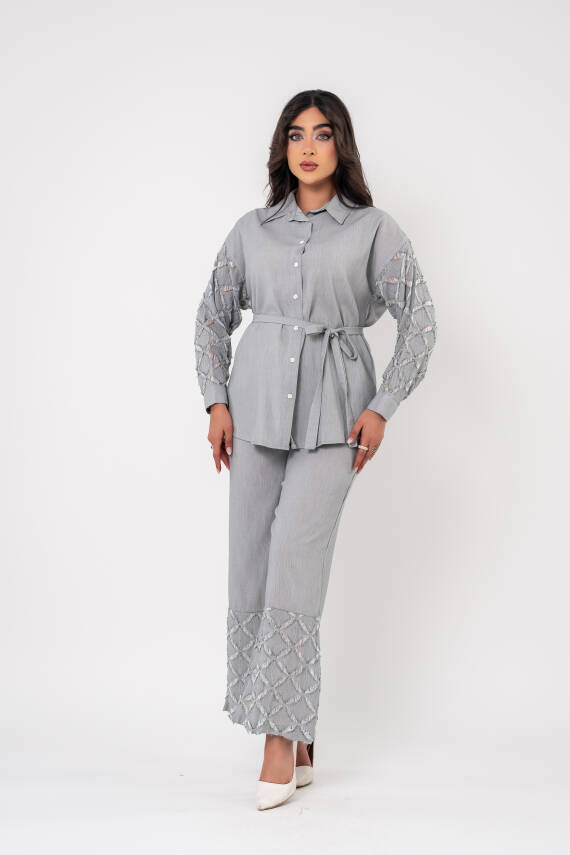 Yıpratma Detaylı Oversize Gömlek Pantolon Takım TKM16052 - 9